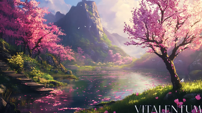 Cherry blossom river drifts toward storybook mountain light