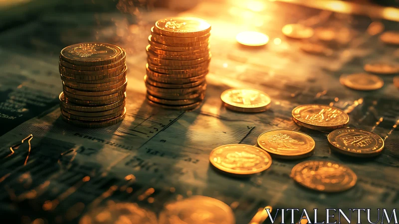 Stacked gold coins glow over defocused financial market charts
