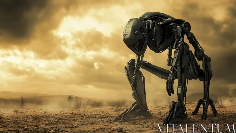 3D-rendered biomech sentinel kneeling in post-apocalyptic desert.