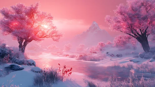 Dreamy pink winter river under a soft glowing sunset.