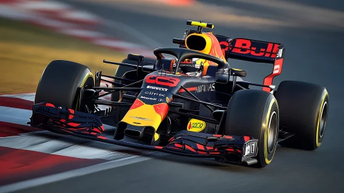 Formula race car attacks apex under warm sunset light.