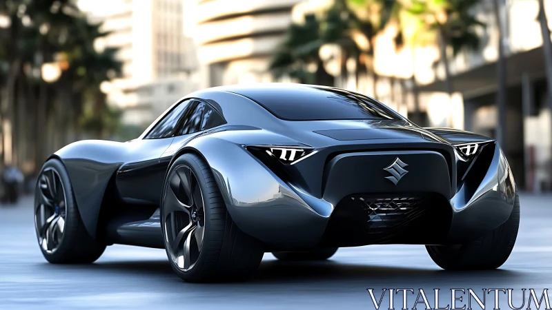 Streetlit silver predator hums through a blurred palm canyon