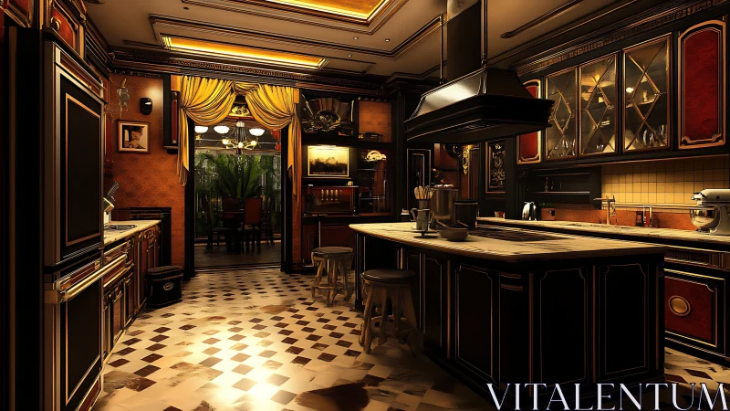 Velvet-lit gourmet kitchen glows like a midnight chandelier.