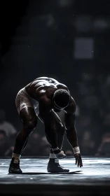 Wrestler assumes low stance under directional arena lighting