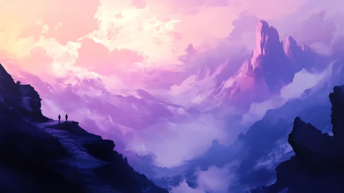 Adventurers gaze across ethereal pink and violet peaks.