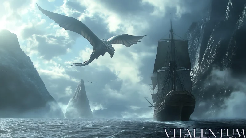Storm-lit dragon intercepts tall ship amid glacial sea cliffs