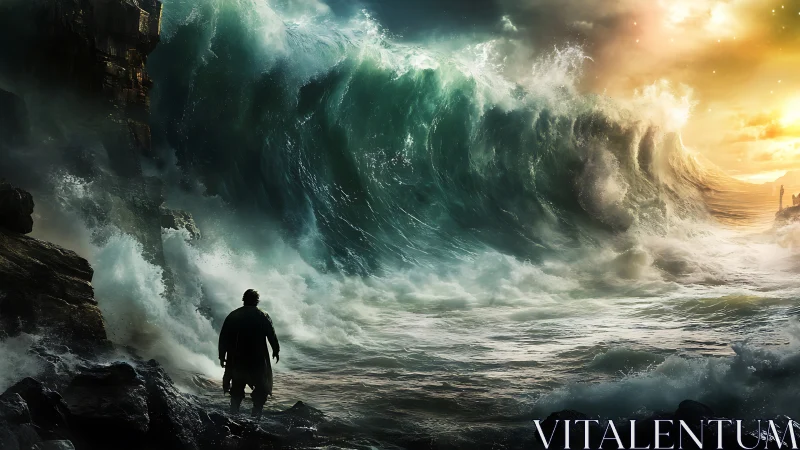 Storm-walker facing a sunrise wall of mythic ocean fury.