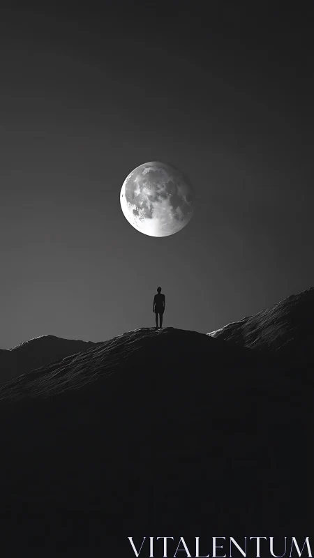 Solitary figure stands beneath large moon over dark ridges