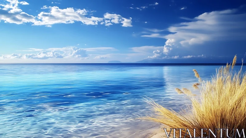 Azure shoreline meets golden dune grass under vivid sky.