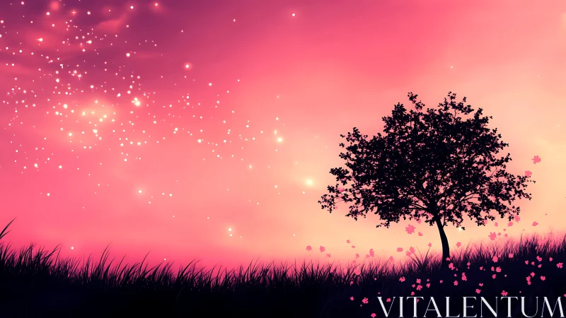 Silhouetted tree under glowing pink sunset sky.