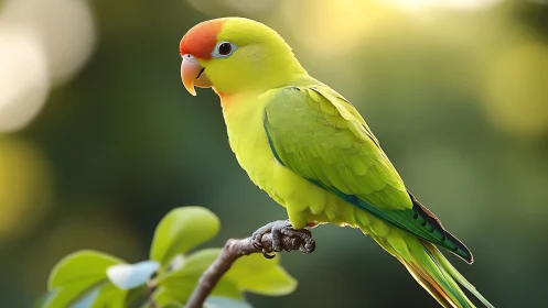 Vibrant yellow lovebird perched on branch in soft natural light.