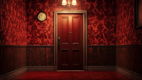 Crimson hallway door waiting under a nervous little clock.