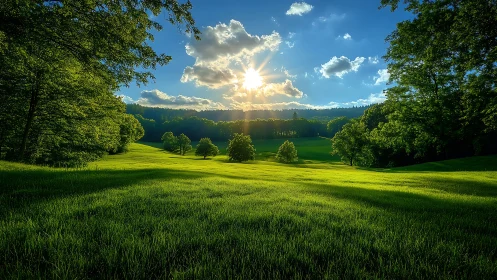 Sunlit grassy valley with scattered trees and distant forest.