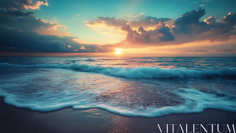 Low-angle coastal seascape shows dynamic waves under saturated sunset