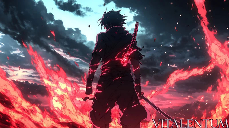 Backlit swordsman stands amid dynamic red energy flames at dusk