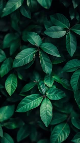 Moody closeup foliage with layered deep green leaves.