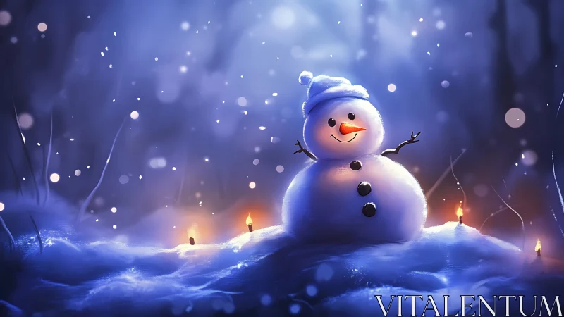 Smiling snowman glows beside candles in soft winter night