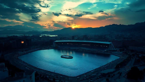 Coastal stadium encircles reflective water under cyan sunset