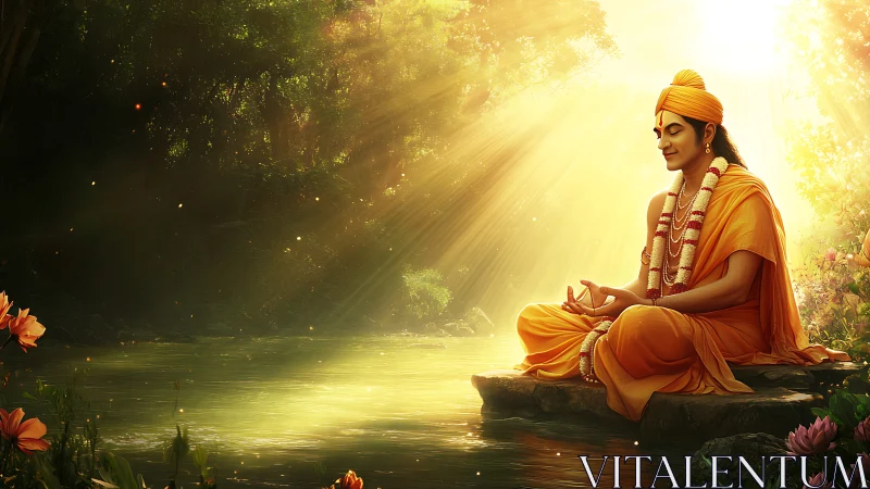 Digital painting of serene riverbank meditation in golden light.