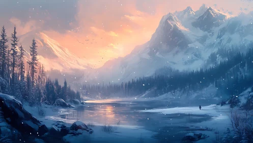 Snow-blanketed alpine valley with warm volumetric sunset lighting