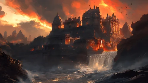 Mythic temple citadel rises above stormlit cataract at dusk