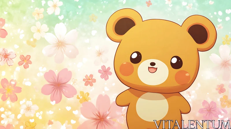 Cartoon bear character with pastel floral spring backdrop.