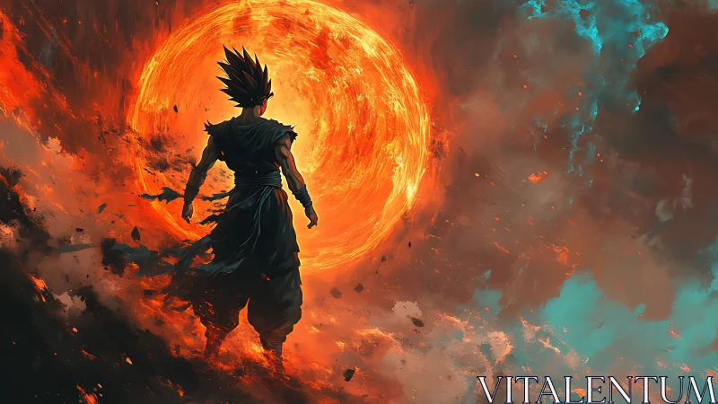 Silhouetted warrior stands before burning circular inferno