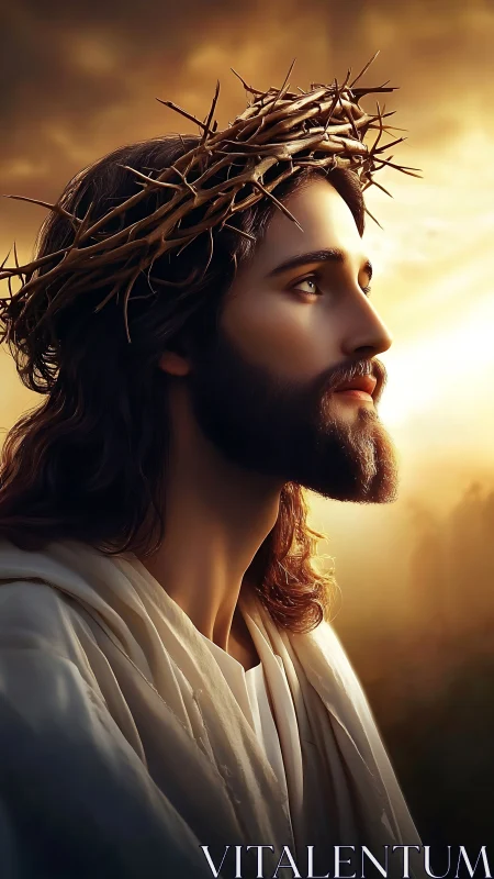 Gentle robed figure in soft golden sunrise light, quietly hopeful.