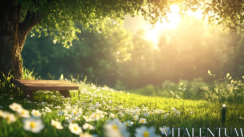 Sunlit wooden bench under tree in flowered meadow scene.