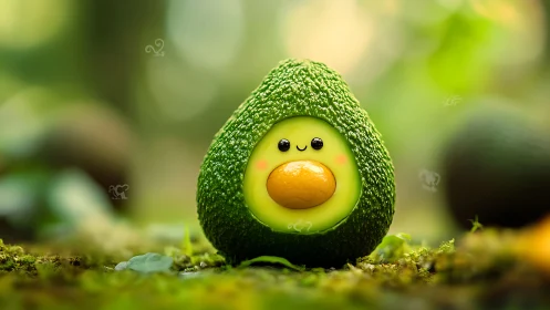Cute kawaii avocado character with smiling cartoon face.