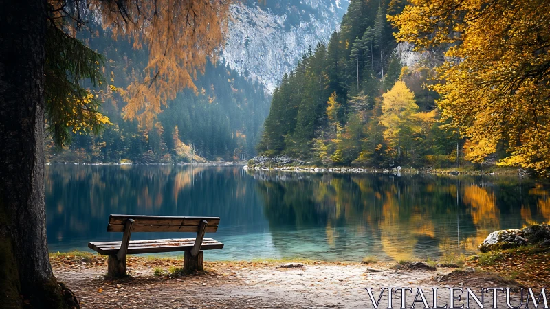 Autumn lakeside bench facing mirrored forest reflections.
