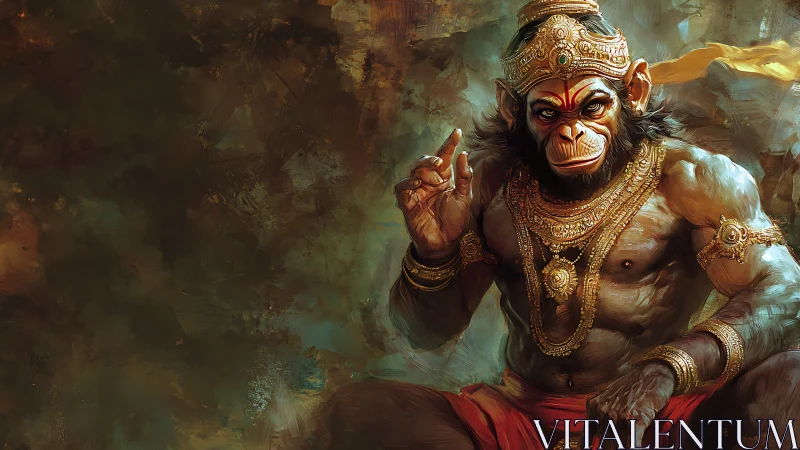 Mythic simian warrior deity in ornate gold regalia.