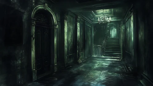 Dim corridor in old mansion with staircase and chandelier.
