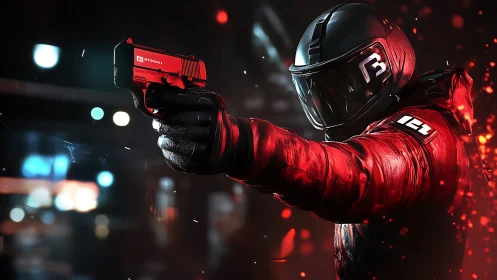Armored vigilante aims handgun amid neon sparks at night.