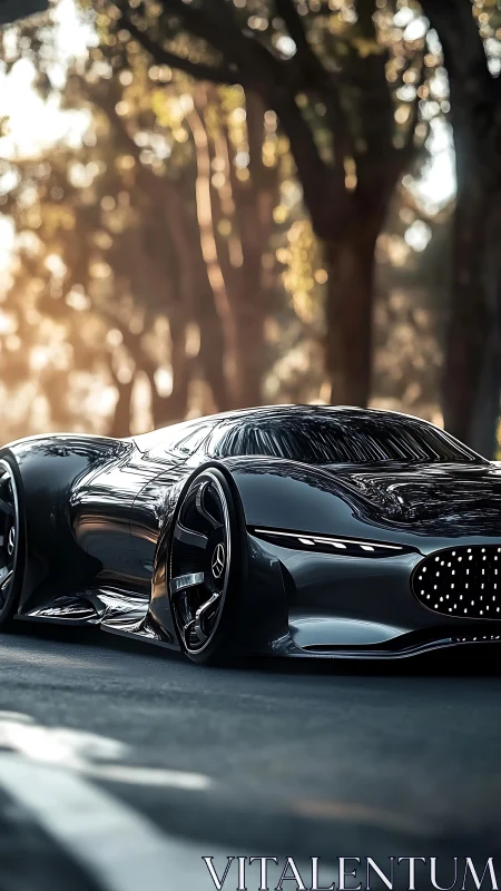 Photorealistic low-slung concept supercar in dappled sunlight.