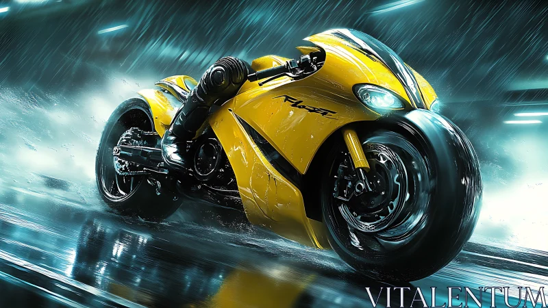Yellow sport motorcycle is rendered on wet reflective roadway