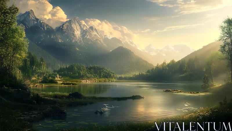 Mountain lake reflects distant peaks in warm evening light