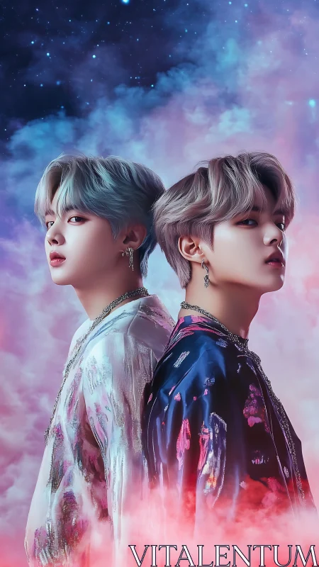 Dual portrait of stylized figures in cosmic cloud setting.