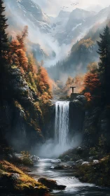 Misty autumn waterfall cascades beneath towering alpine peaks