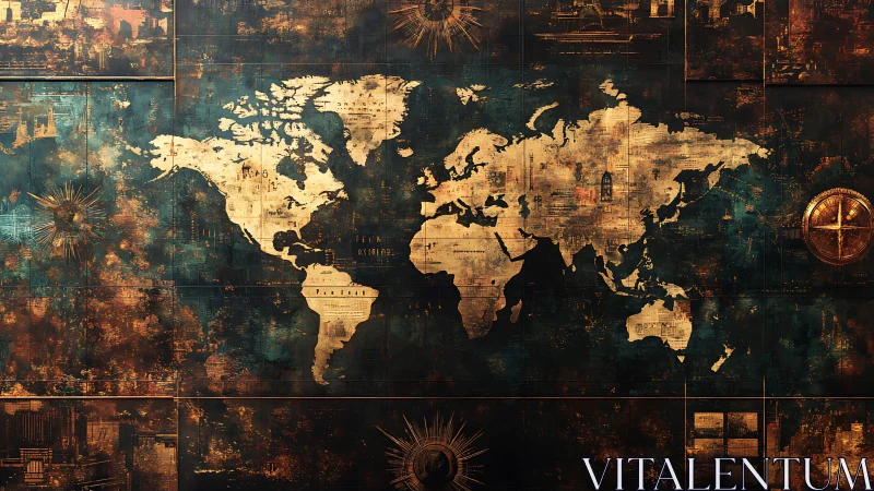 Golden world map glows softly on a richly aged backdrop