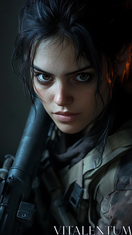 Battle-hardened female soldier with rifle in close portrait.