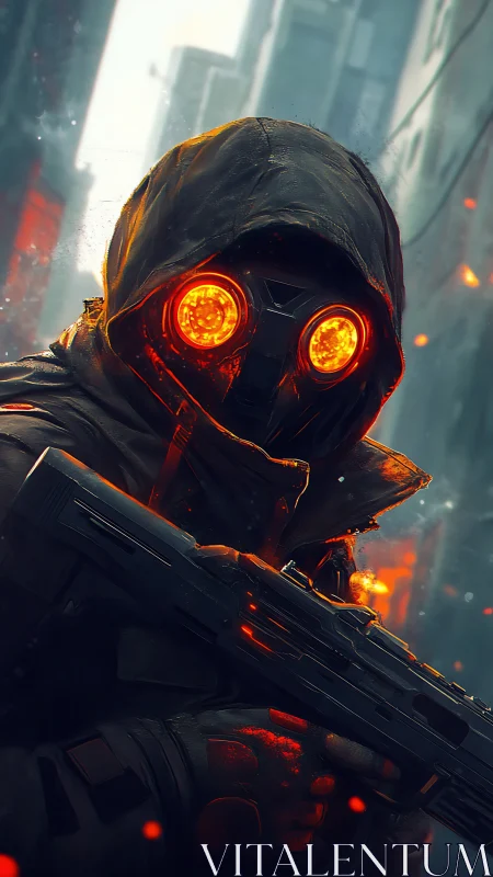 Lone ember-eyed wanderer patrolling a rainy neon alleyway.