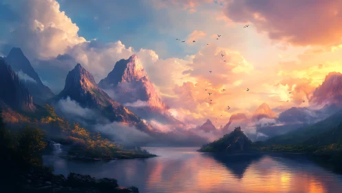 Sunlit peaks rise over tranquil misty mountain lake.