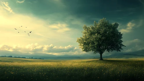 Quiet sunrise meadow with a solitary tree and soft skies.
