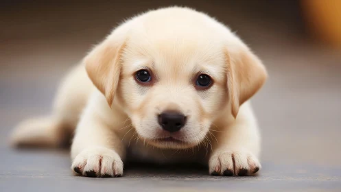 Gentle golden puppy resting with wide, curious eyes.