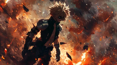 Armored figure in explosive debris field environment.