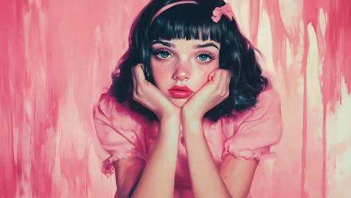Melancholic girl in pink dress against dripping pink wall.