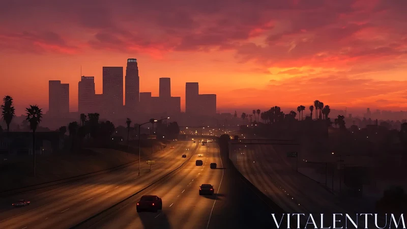 City skyline over highway under vivid red sunset sky.