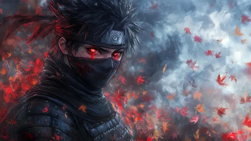 Masked ninja with glowing eyes stands in a storm of burning leaves
