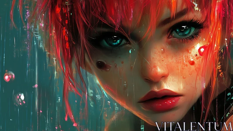 Chromatic close-up of neon-illuminated synthetic portraiture.